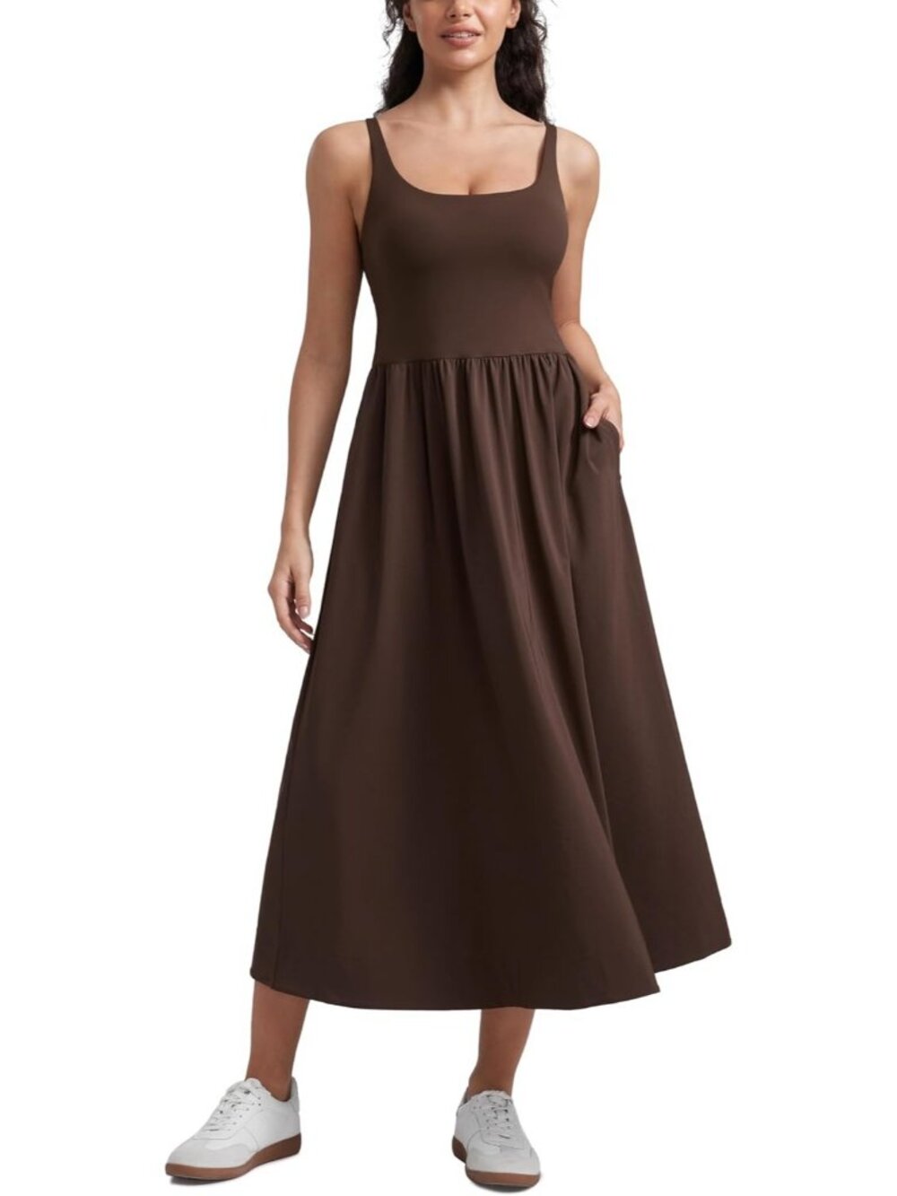 Women's Brown Sleeveless Square Neck Maxi Dress Flowy Travel Pockets Outfits